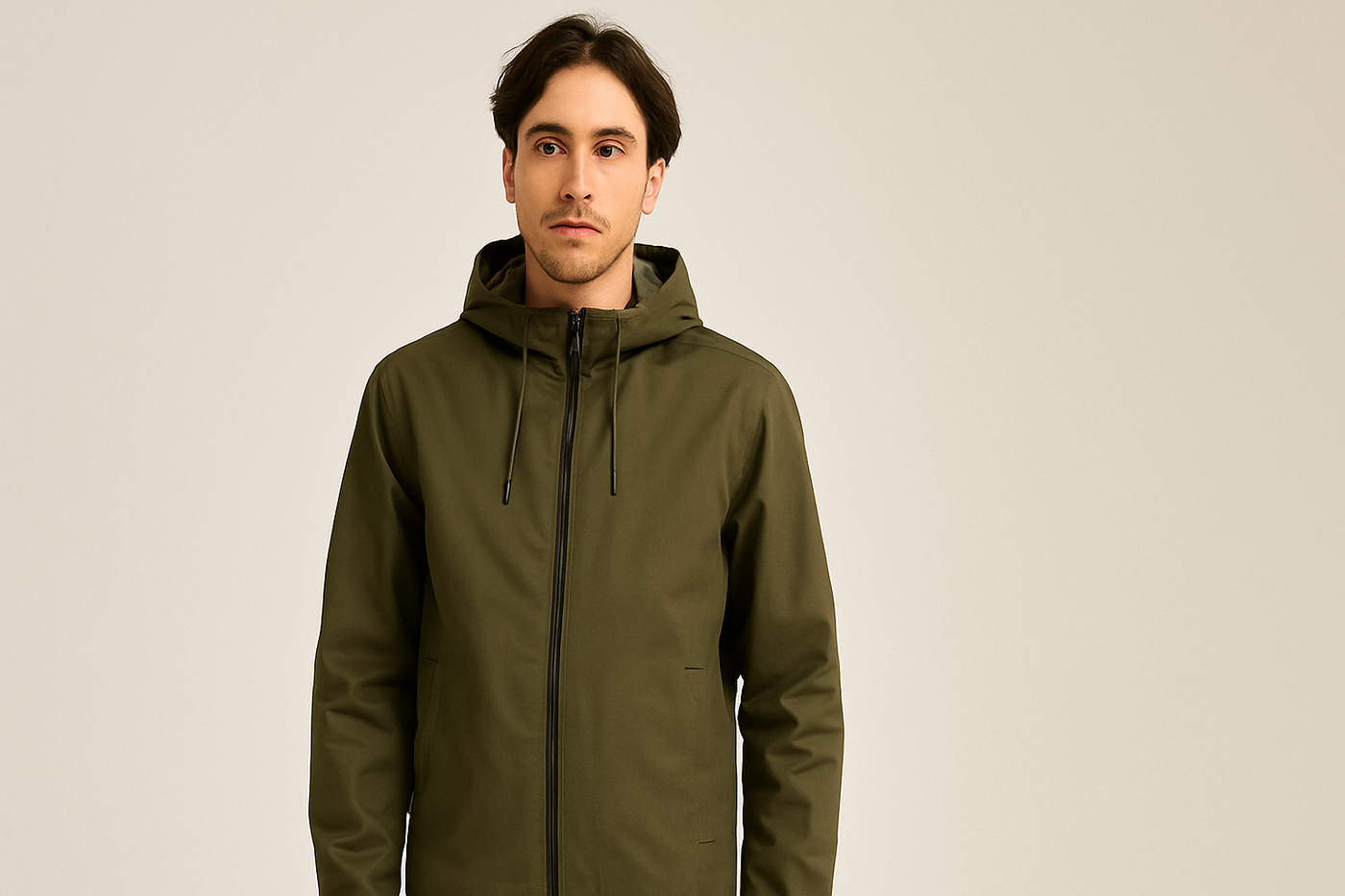 Junger Mann in olivgrüner Bio-Jacke mit Kapuze vor beigem Hintergrund – fair produziert und ideal für den Alltag bei wechselhaftem Wetter.