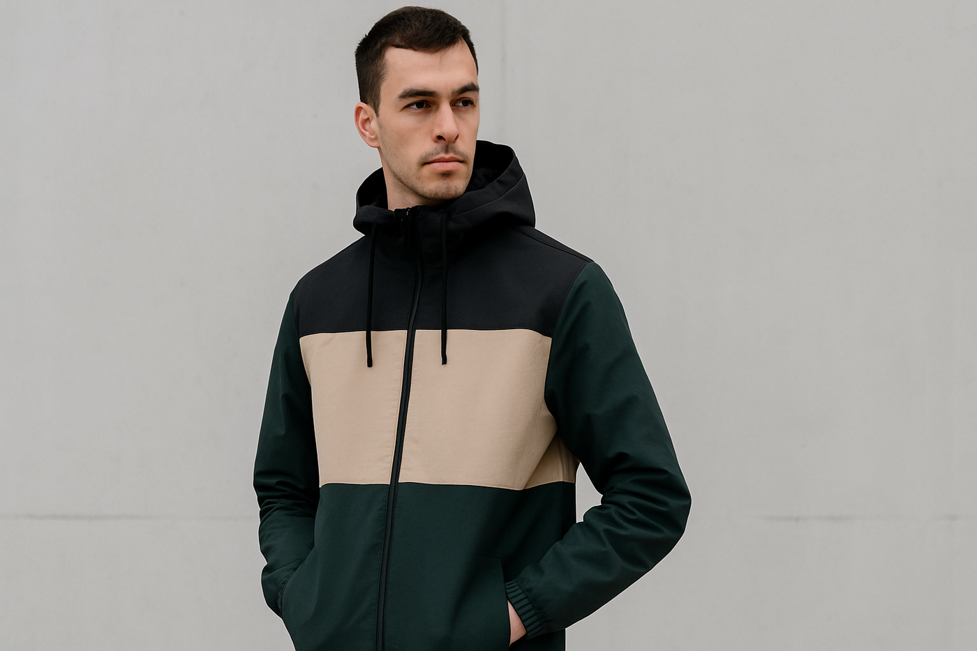 Männliches Model trägt eine dreifarbige nachhaltige Jacke ohne Logo vor grauer Betonwand – minimalistischer Streetwear-Look für die Kategorie Iriedaily Jacken.