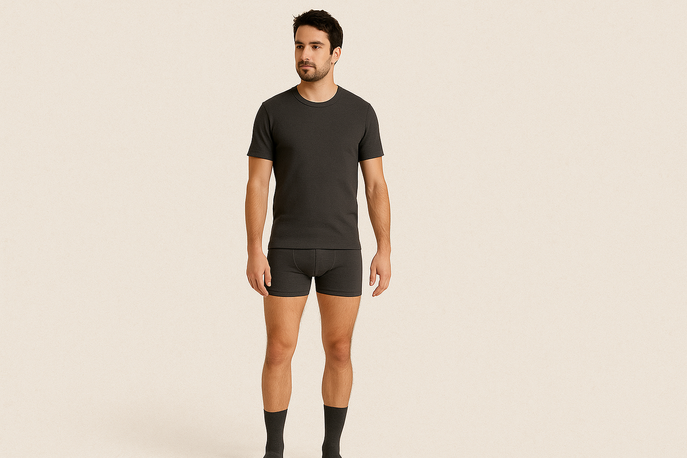 Männliches Model trägt komplette Fair Fashion Herrenunterwäsche aus Bio-Baumwolle – T-Shirt, Boxer-Shorts und Socken an beiden Füßen – vor hellem Hintergrund.