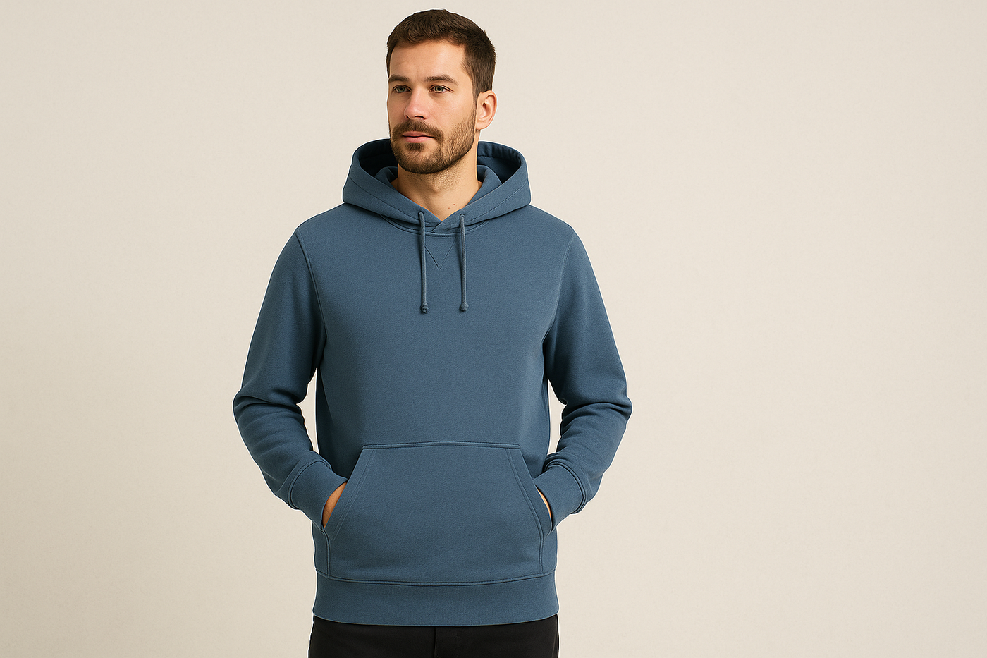 Mann trägt blauen Bio Hoodie aus GOTS-zertifizierter Baumwolle – fair produziert, vegan und hautfreundlich.