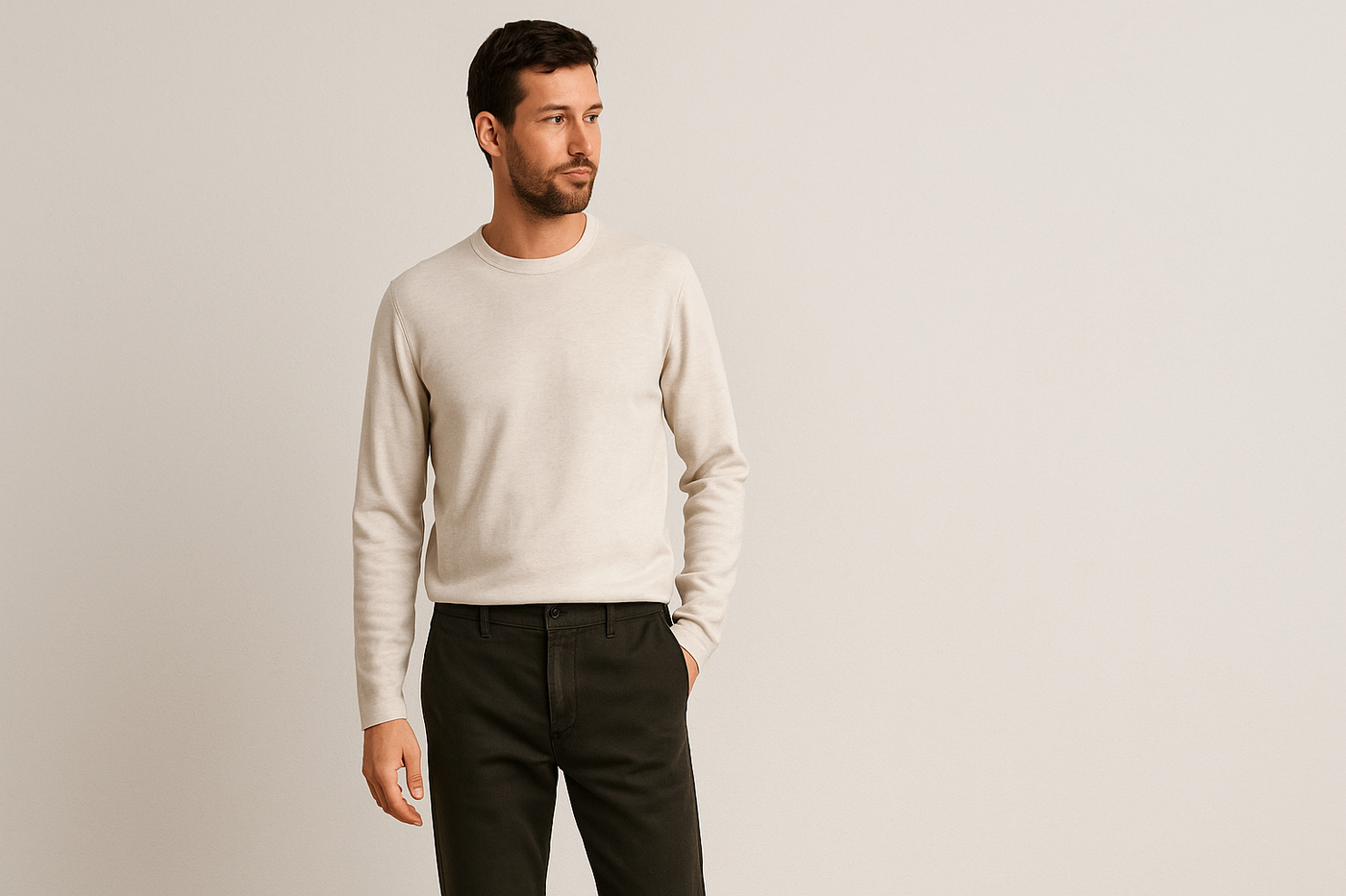 Männliches Model in nachhaltiger Herrenmode mit cremefarbenem Pullover und olivgrüner Bio-Hose vor neutralem Hintergrund.