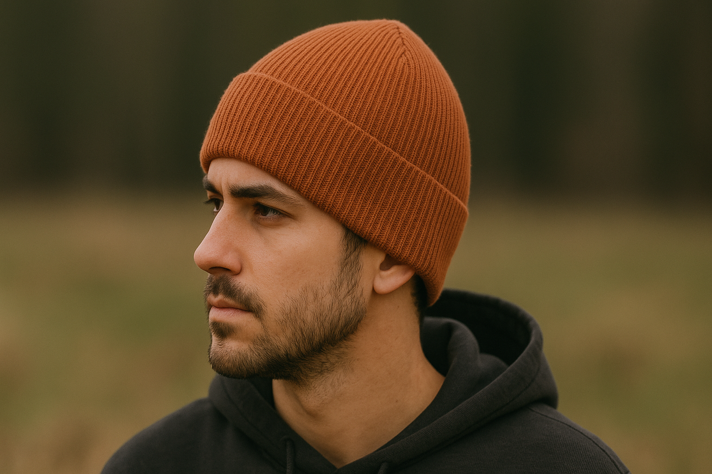 Mann trägt eine rostfarbene Bio Mütze aus Baumwolle im Freien – nachhaltige, vegane und hautfreundliche Herrenmütze von green.in.pieces.