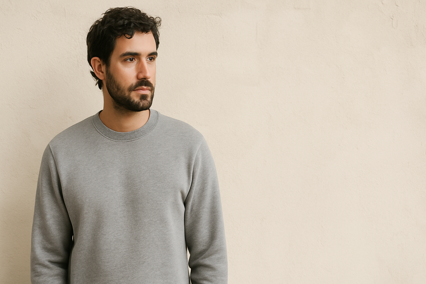 Junger Mann trägt grauen Bio-Pullover aus Baumwolle und steht vor einer schlichten, cremefarbenen Wand – minimalistischer, nachhaltiger Look für Herrenmode.