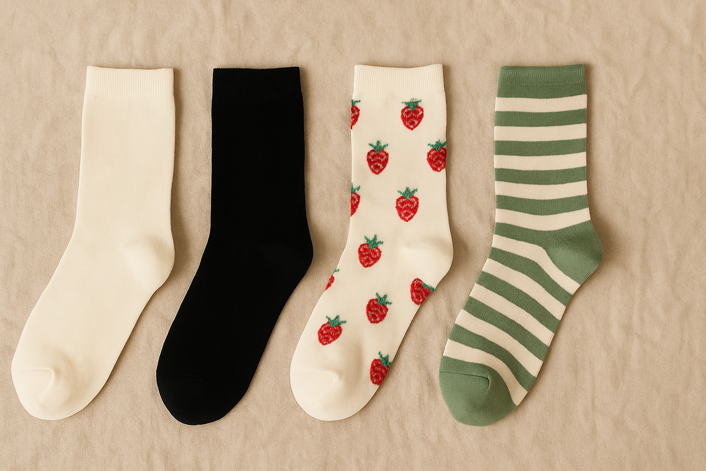 Vier Paar Bio-Baumwollsocken auf beigem Stoffhintergrund: einfarbig in Creme und Schwarz, mit Erdbeermuster und grün-weiß gestreift.