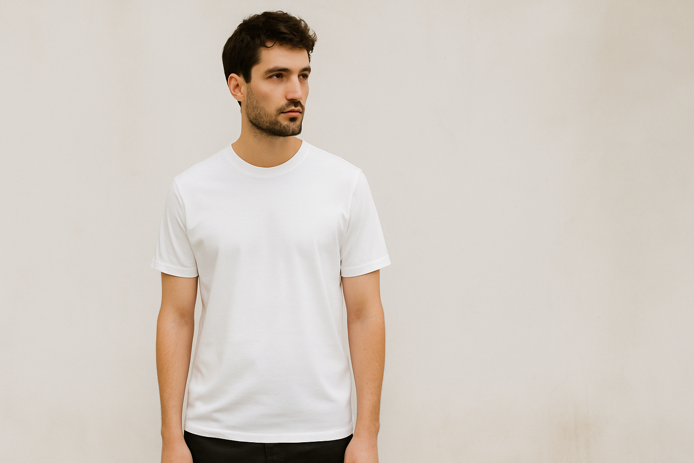 Männliches Model trägt weißes Bio T-Shirt aus nachhaltiger Baumwolle vor hellem Hintergrund – minimalistisches Motiv für faire Herrenmode.