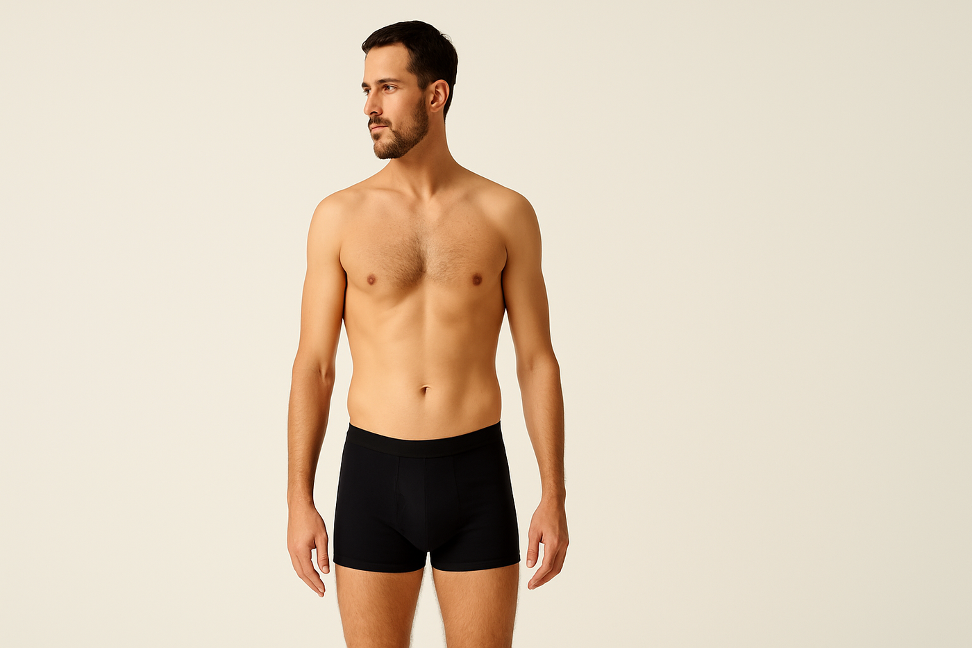 Männliches Model trägt schwarze Boxershorts aus Bio-Baumwolle vor neutralem Hintergrund – fair, vegan und nachhaltig produziert.