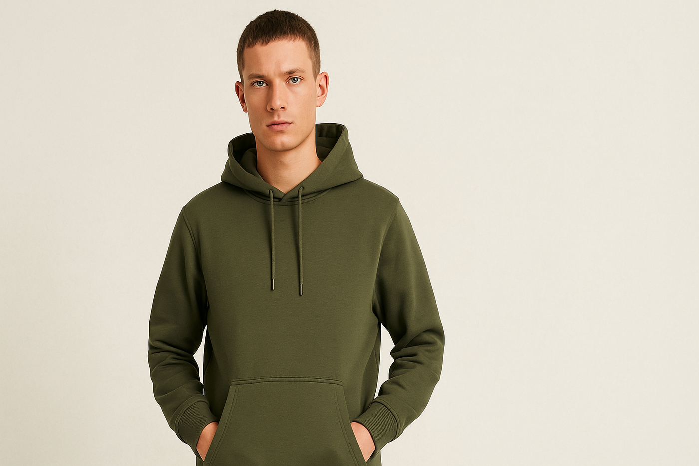Männliches Model in olivgrünem Hoodie vor hellem Hintergrund – ideal für nachhaltige Modekategorie.