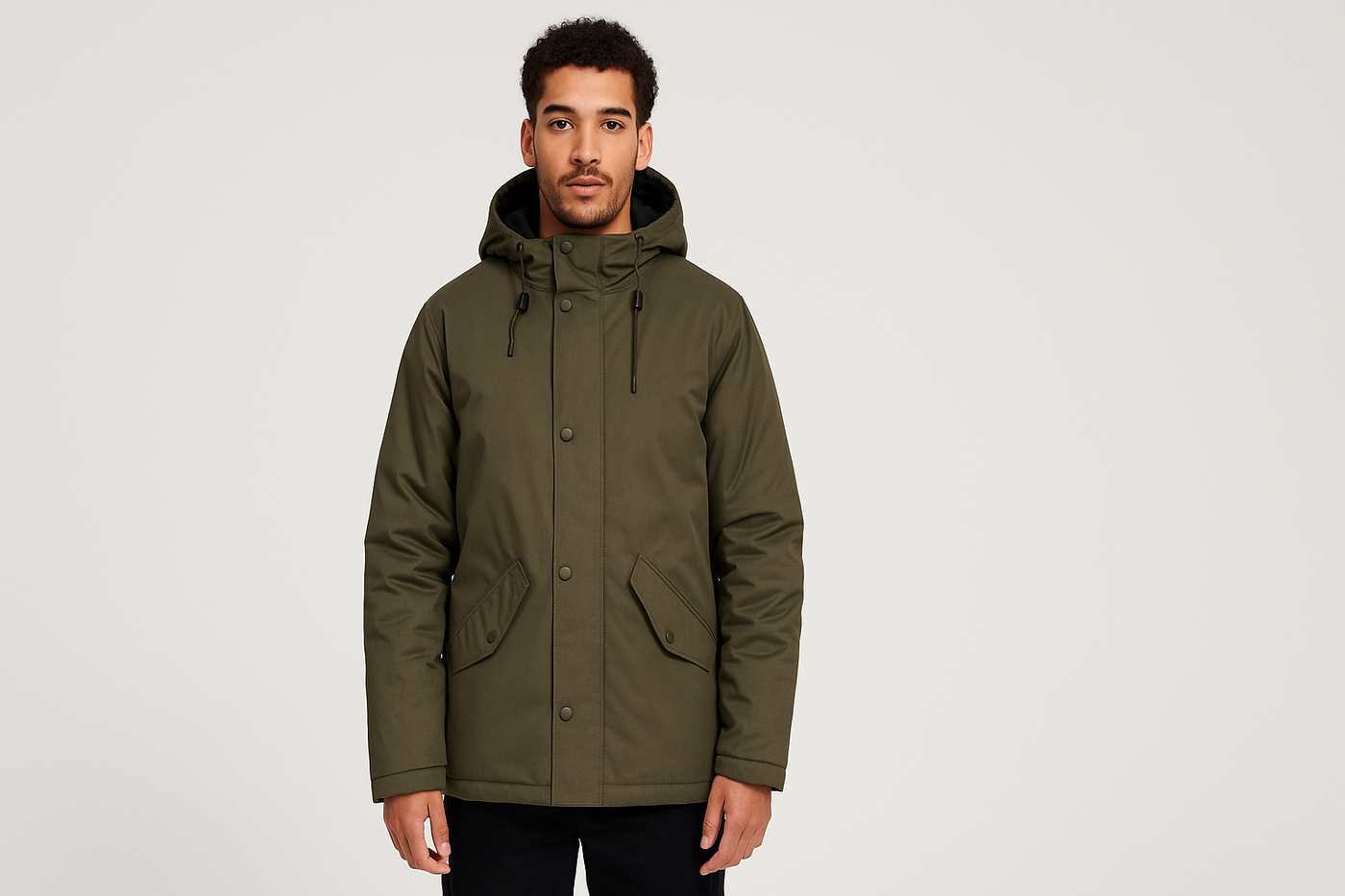 Männliches Model trägt nachhaltige Dedicated Jacke in Olivgrün vor neutralem Hintergrund.