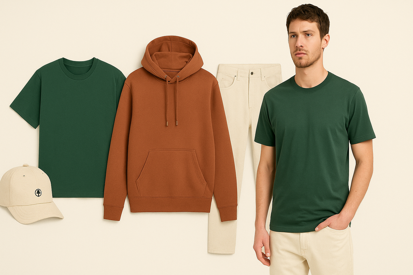Männliches Model trägt nachhaltige Kleidung von Dedicated: grünes T-Shirt und cremefarbene Hose, daneben flach arrangiert ein rostbrauner Hoodie und eine beige Kappe.