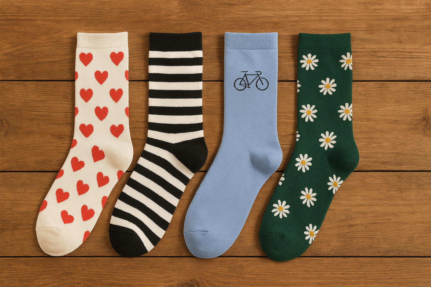 Vier bunte Paar Dedicated Socken mit Herz-, Streifen-, Fahrrad- und Blumenmuster auf Holzuntergrund – ideal für nachhaltige Modekombinationen.