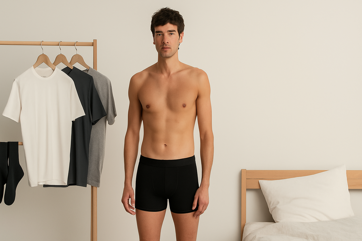 Männliches Model in schwarzer Bio-Boxershorts von Dedicated steht in einem minimalistischen Schlafzimmer neben nachhaltigen T-Shirts und Socken – Symbol für bewussten, fairen Lifestyle.