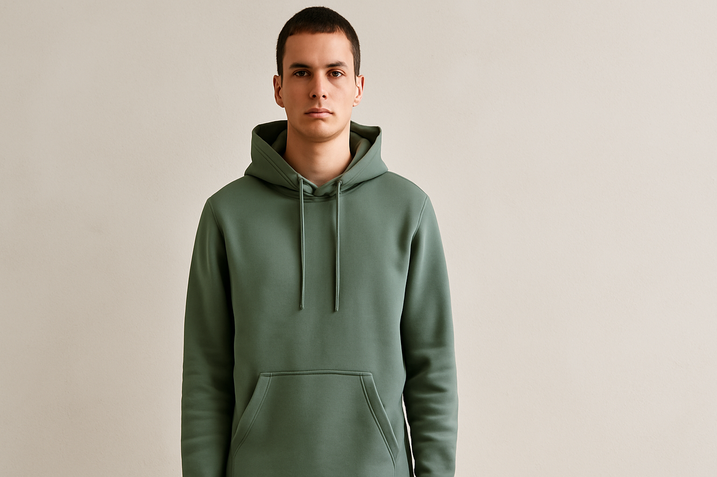 Nachhaltiger Herren-Hoodie aus Bio-Baumwolle, getragen von einem jungen Modell – faire Mode bei green.in.pieces.