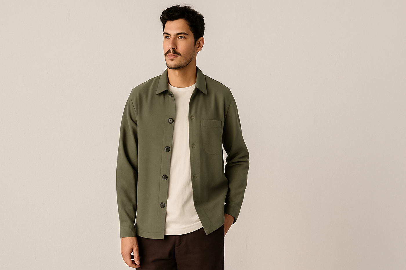 Männliches Model in fairer Herrenmode mit olivgrüner Jacke und Bio-Baumwollshirt vor neutralem Hintergrund – Symbolbild für faire Hosen bei green.in.pieces.