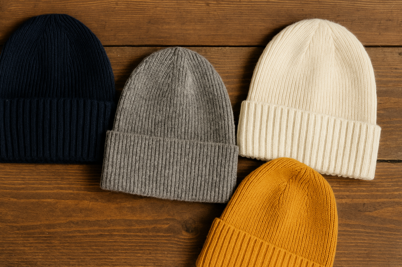 Vier nachhaltige Strickmützen aus Bio-Wolle in Blau, Grau, Creme und Senfgelb liegen auf rustikalem Holztisch – faire Mode für Herbst und Winter.