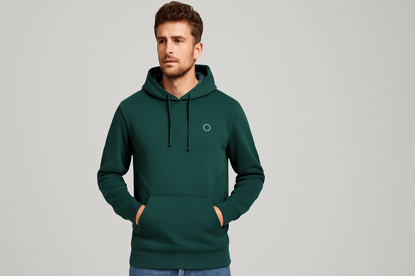Nachhaltiger Greenbomb Hoodie für Herren – Model trägt grünen Kapuzenpullover aus Bio-Baumwolle.
