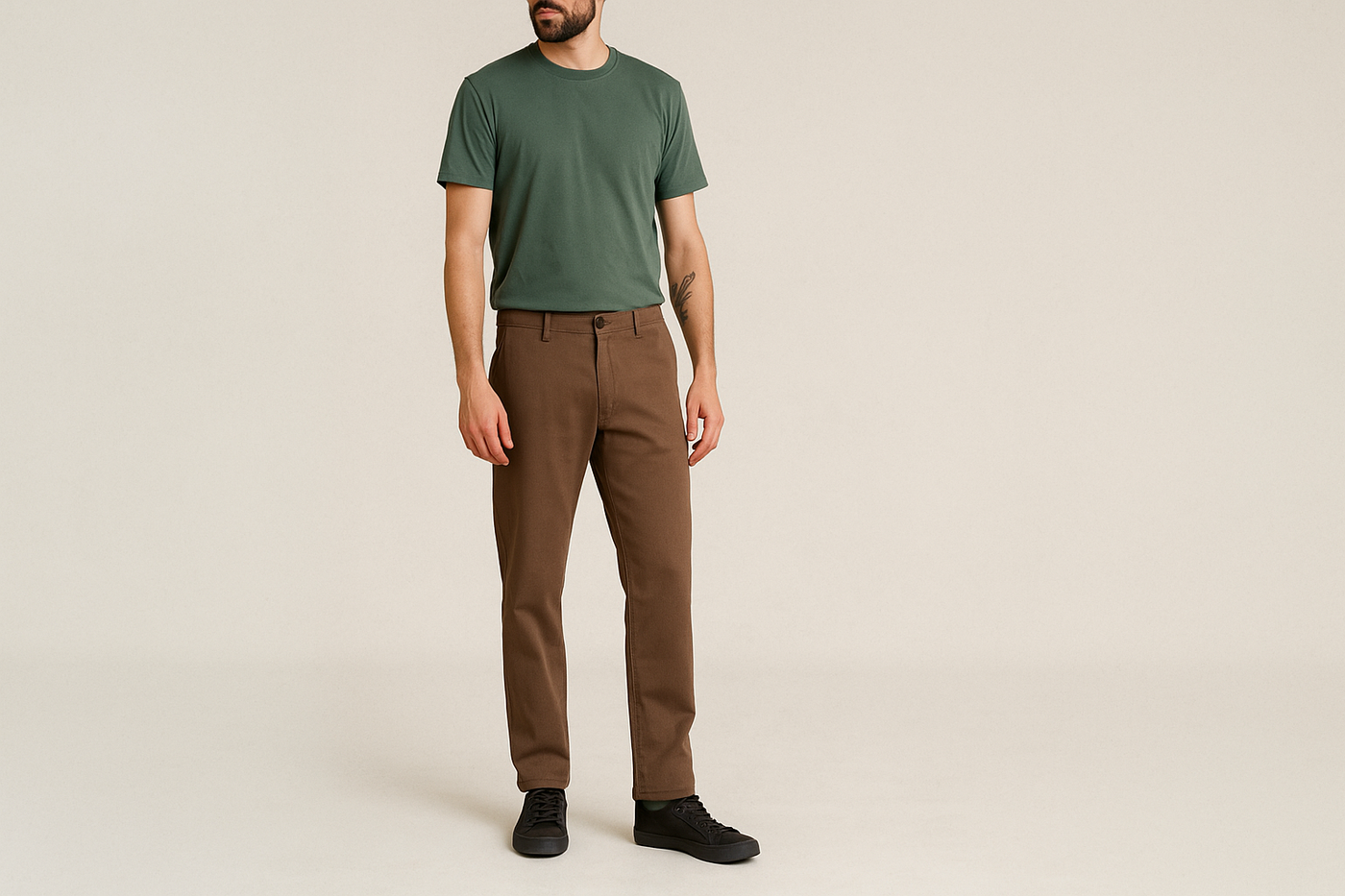 Männliches Model trägt eine braune, nachhaltige Hose und ein grünes T-Shirt vor neutralem Hintergrund – Fokus auf veganer, fair produzierter Herrenmode.