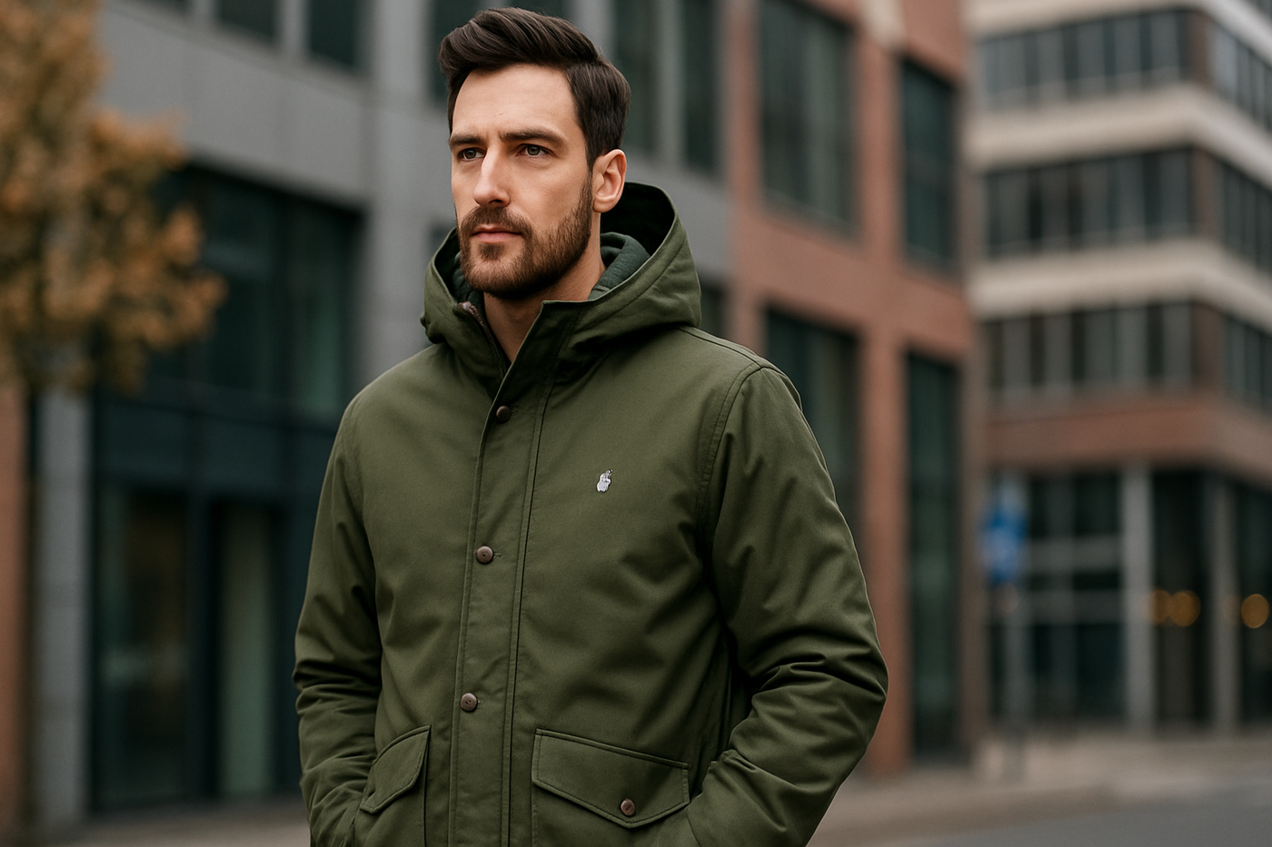 Mann trägt eine grüne vegane Winterjacke von Greenbomb in urbaner Umgebung bei Herbstwetter.