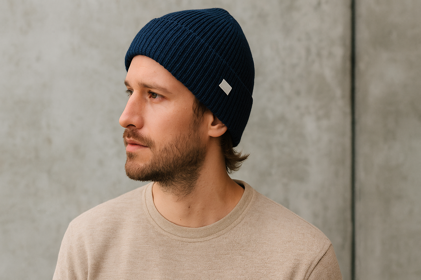 Männliches Model mit dunkelblauer Strickmütze und beigem Pullover vor Betonwand – Greenbomb Mütze aus Bio-Baumwolle.