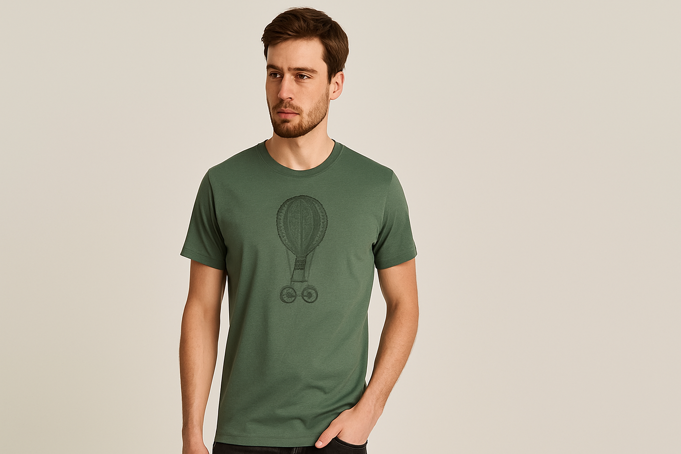 Männliches Model in grünem T-Shirt mit Fahrrad-Heißluftballon-Motiv, kombiniert mit schwarzer Jeans, vor hellem Hintergrund – nachhaltiger Style im Greenbomb Look.