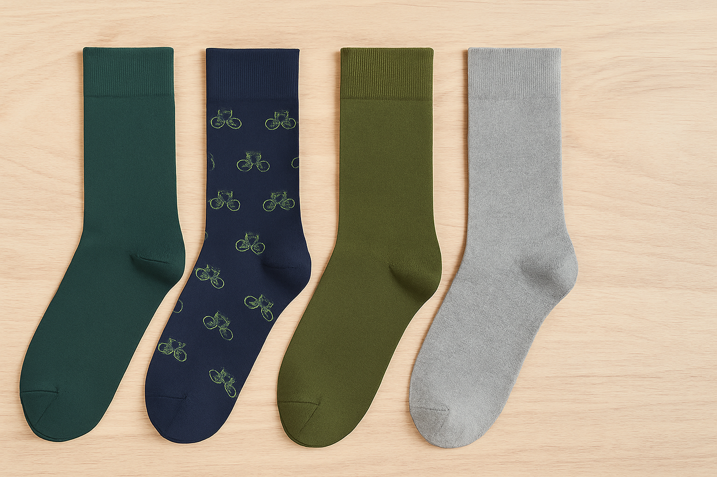 Vier Paar nachhaltige Greenbomb Socken – in Grün, Blau mit Fahrradmuster, Oliv und Grau – auf hellem Holzuntergrund.
