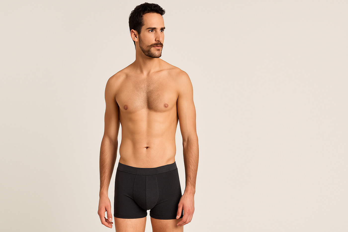 Männliches Model trägt dunkelgraue Boxershorts aus Bio-Baumwolle vor neutralem Hintergrund – Greenbomb Unterwäsche für Männer.