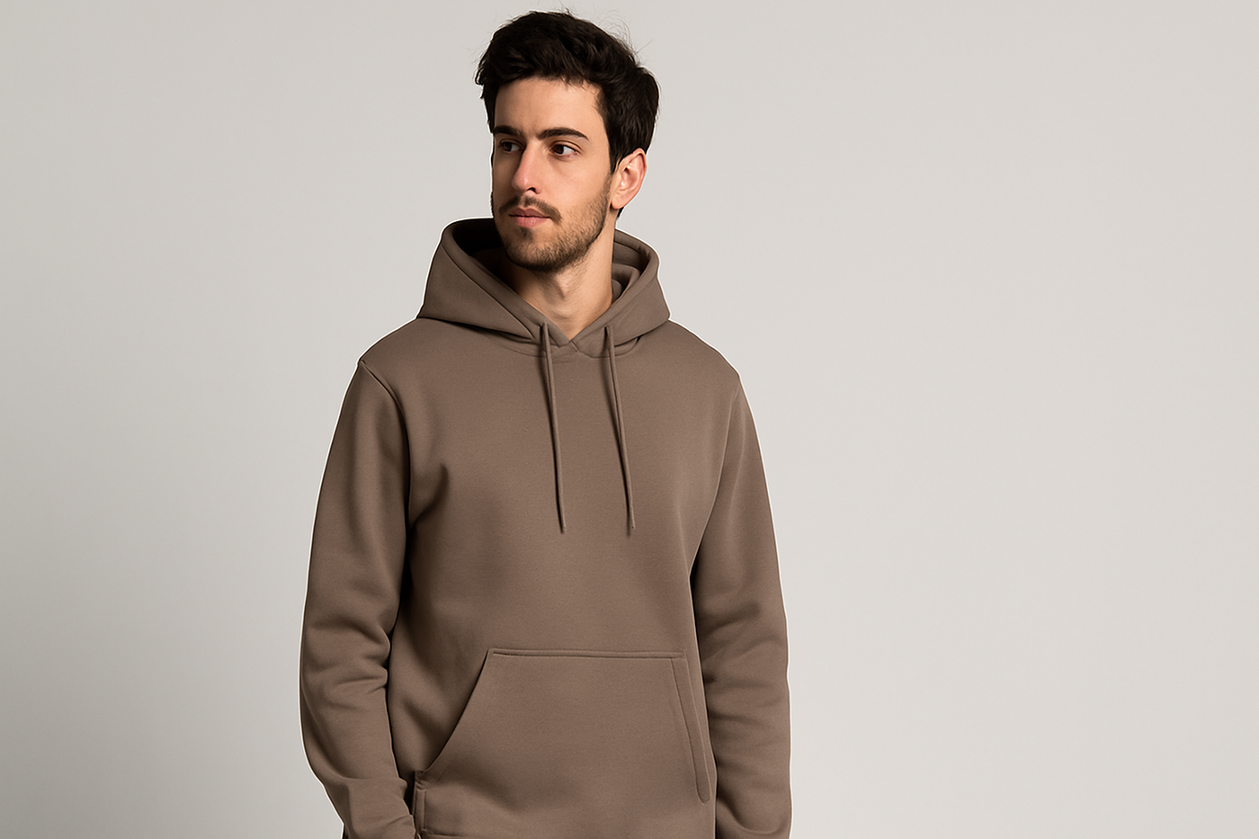 Männliches Model in braunem nachhaltigem Hoodie vor hellem Hintergrund, aufgenommen im Querformat für die Hoodies-Sale-Kategorie.