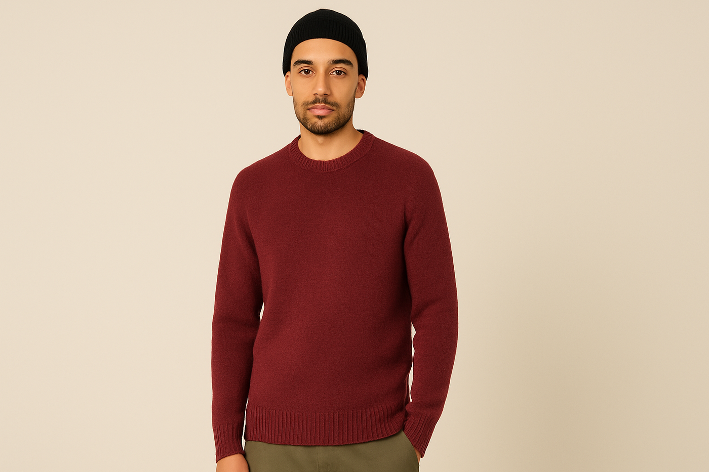 Männliches Model mit schwarzer Beanie trägt einen schlichten, burgunderroten Strickpullover und olivgrüne Hose vor beigem Hintergrund – nachhaltiger Casual-Look.