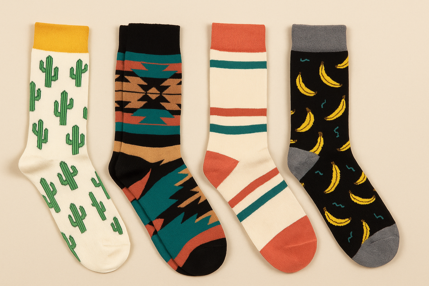 Vier einfarbige Crew-Socken in Erdtönen und Pastellfarben nebeneinander auf hellem Hintergrund – minimalistisches, modernes Design.