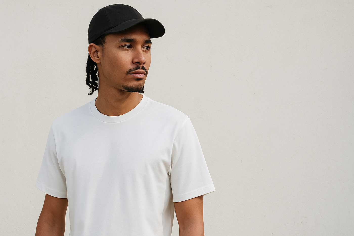 Männliches Modell trägt ein schlichtes weißes T-Shirt ohne Print vor hellem, neutralem Hintergrund – minimalistischer Streetwear-Look.