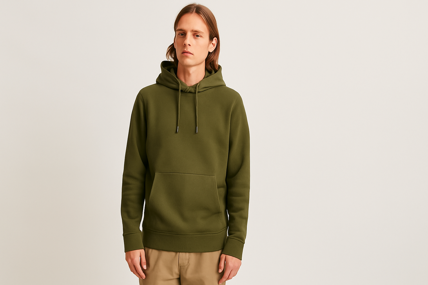 Männliches Model mit mittellangen Haaren trägt olivgrünen Hoodie und beigefarbene Hose vor neutralem Hintergrund – cleanes, modernes Produktfoto für nachhaltige Herrenmode.