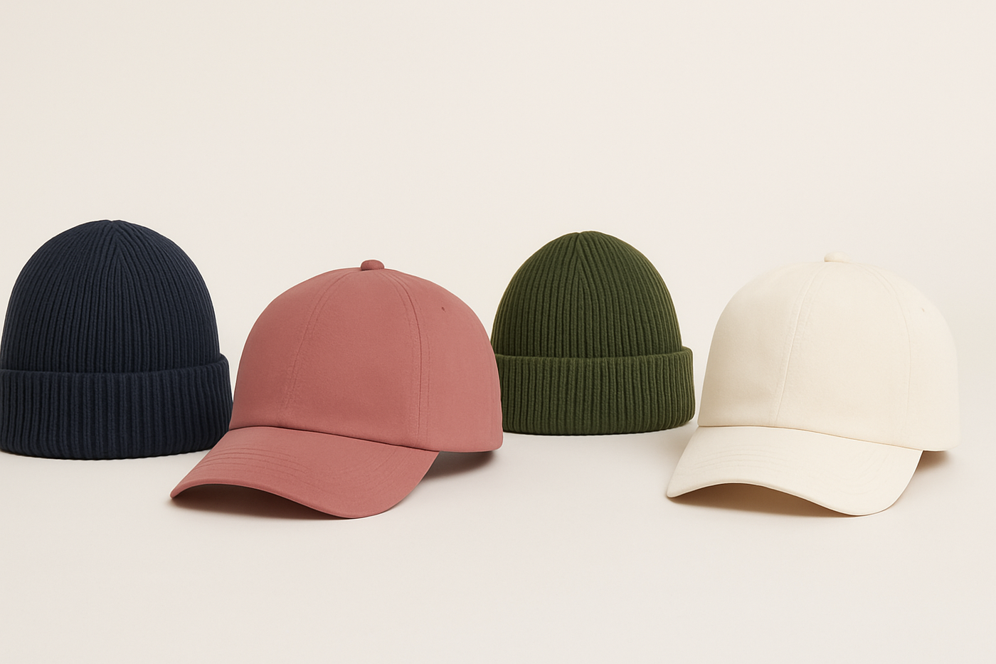Vier minimalistische Mützen und Caps in Navy, Rosé, Olivgrün und Off-White – ohne Logos oder Patches, stilvoll auf hellem Hintergrund arrangiert.
