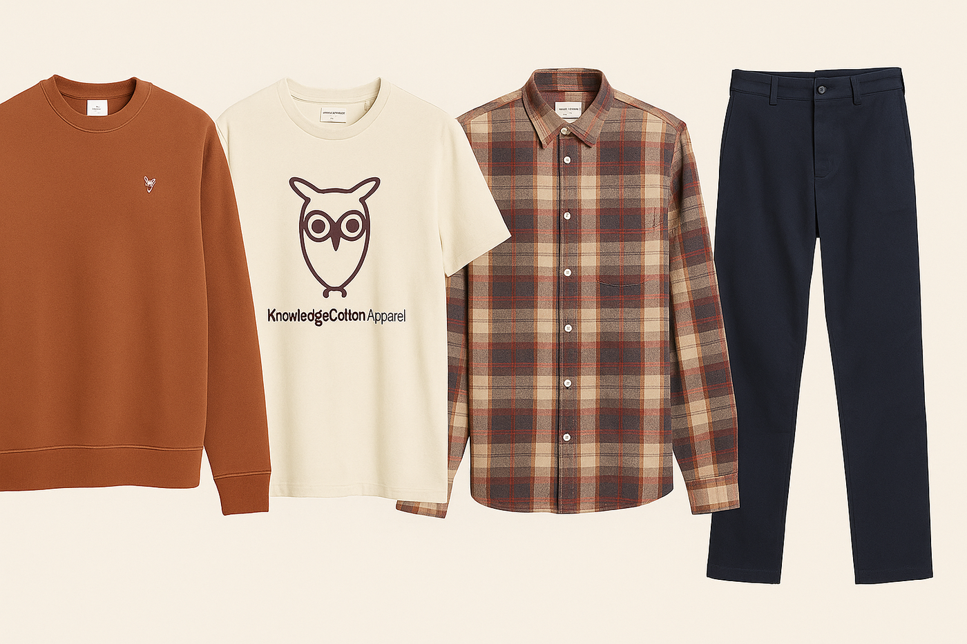 Reduzierte Kleidung von Knowledge Cotton Apparel: Sweatshirt, T-Shirt mit Eulen-Logo, Holzfällerhemd und Chinohose – nachhaltig, fair & minimalistisch präsentiert.