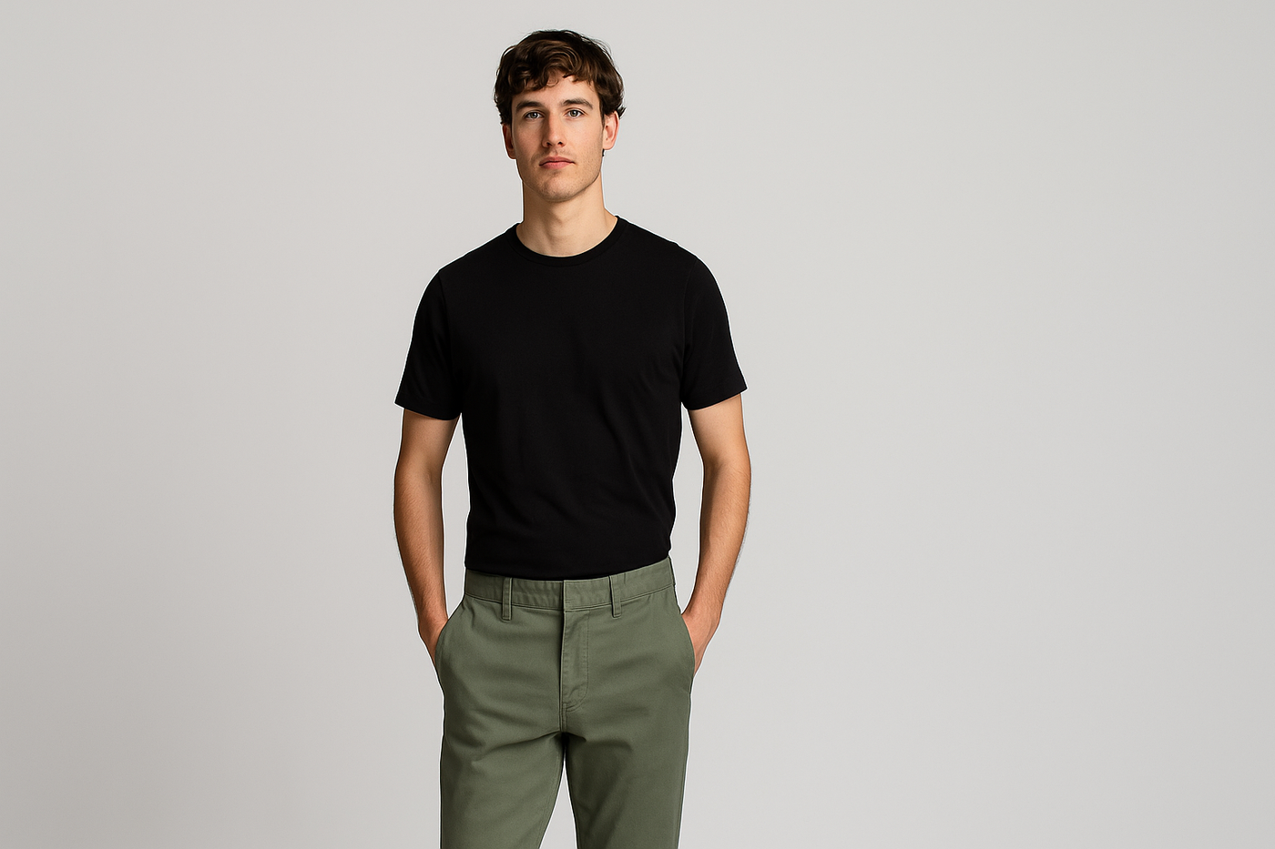 Männliches Model trägt grüne Bio-Hose und schwarzes T-Shirt vor hellem Hintergrund – minimalistisch, modern und nachhaltig.