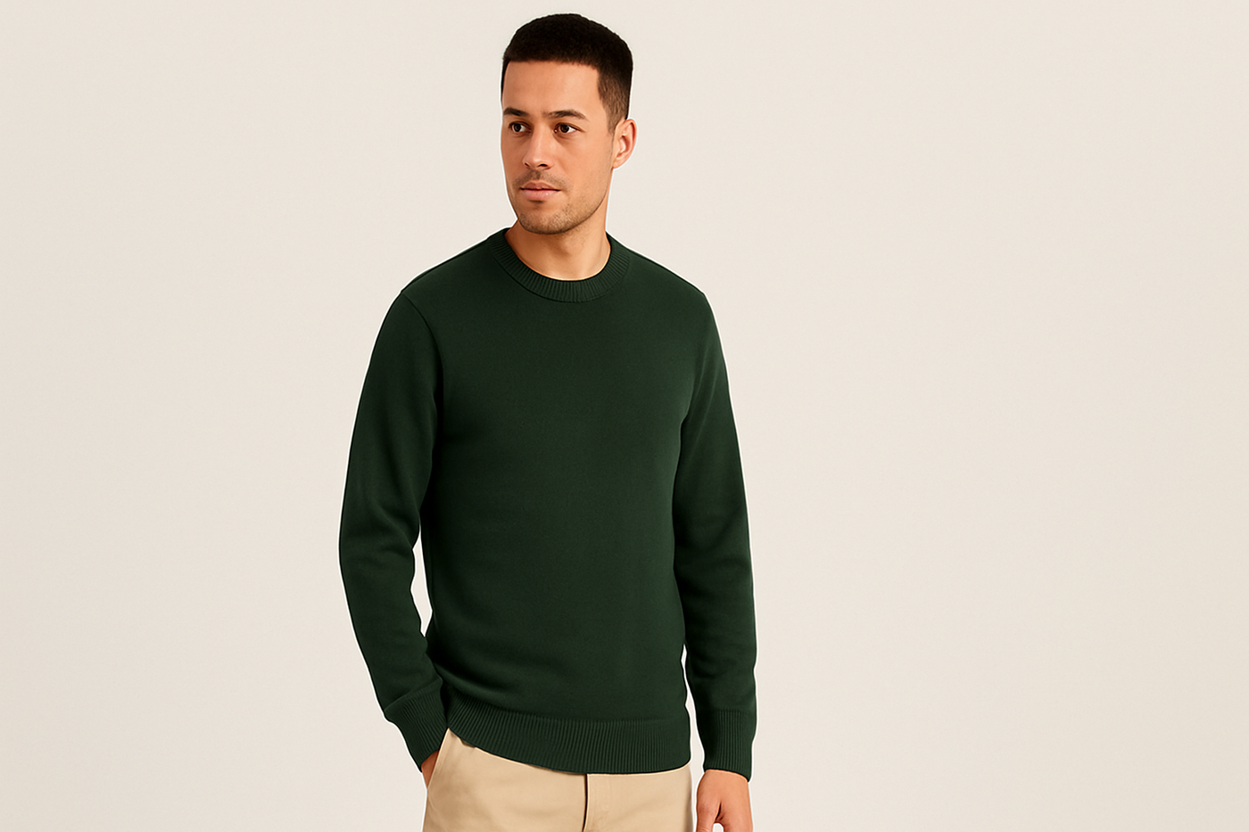 Männliches Model in grünem Bio-Pullover von Melawear vor hellem Hintergrund – fair produziert und nachhaltig gefertigt.