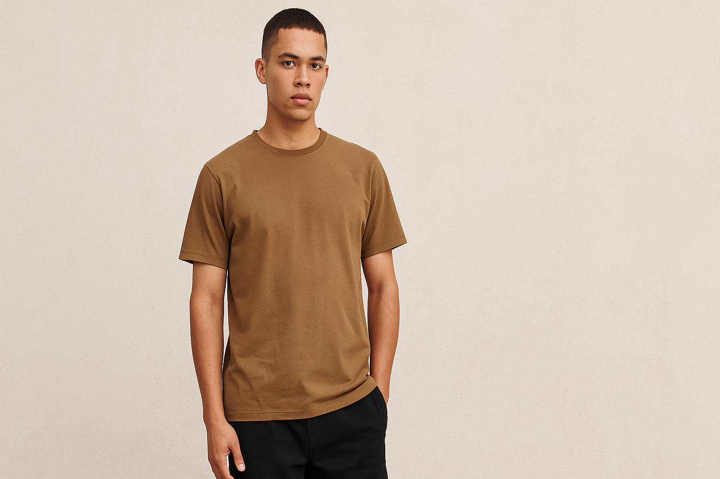 Männliches Model in nachhaltiger, schlichter Kleidung vor hellem Hintergrund – ideal für die Kategoriebilddarstellung im Mela Sale auf green.in.pieces.