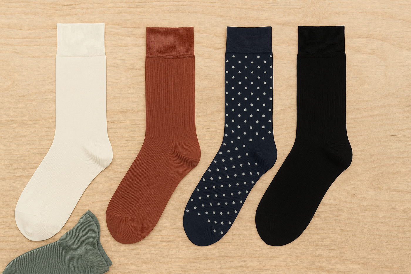 Vier Paar Mela Socken aus Bio-Baumwolle in verschiedenen Farben und Mustern auf hellem Holzuntergrund – nachhaltig, fair und stilvoll arrangiert.