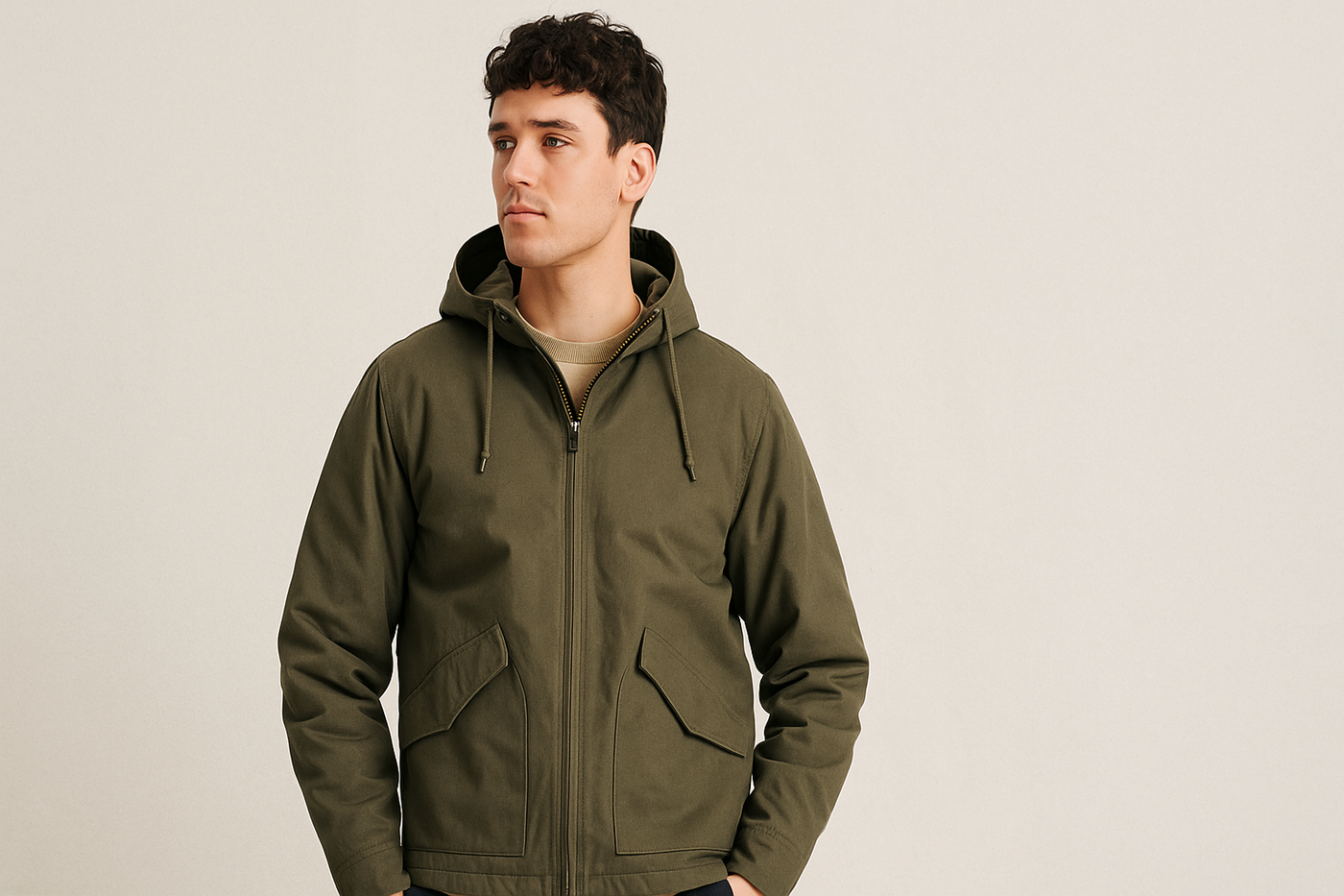 Männliches Model in grüner nachhaltiger Jacke vor neutralem Hintergrund, ideal für die Kategorie Jacken Sale.