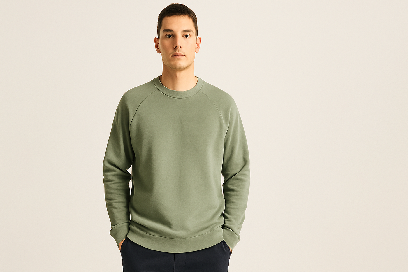 Männliches Model trägt nachhaltiges Sweatshirt aus Bio-Baumwolle im Sale – angenehme Passform, dezenter Look, hautfreundliches Material.