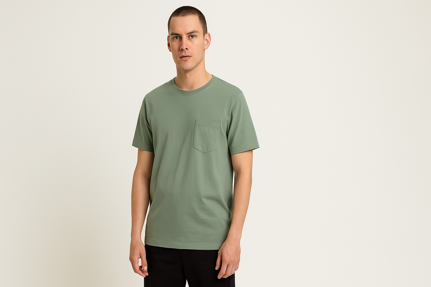 Männliches Model trägt ein grünes Bio-Baumwoll-T-Shirt im Sale, schlichtes Design, angenehme Passform, nachhaltige Herrenmode.