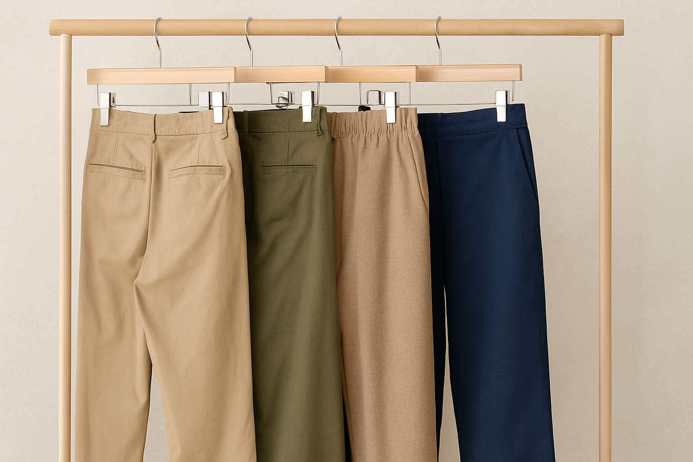 Vier vegane Hosen in Erdtönen (Beige, Olivgrün, Hellbraun, Dunkelblau) auf Holzkleiderbügeln an einer naturfarbenen Kleiderstange vor heller Wand.