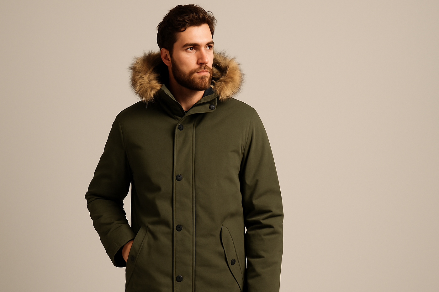 Männliches Model trägt vegane Winterjacke mit Kunstfellkragen.