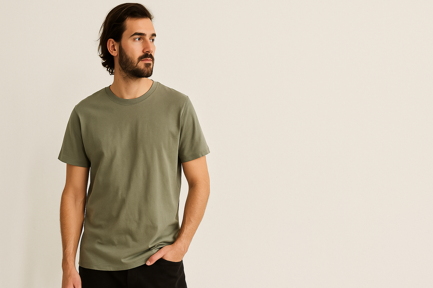 Männliches Model trägt olivgrünes T-Shirt und schwarze Hose, steht vor neutralem Hintergrund – vegane Herrenmode, minimalistisch und fair produziert.