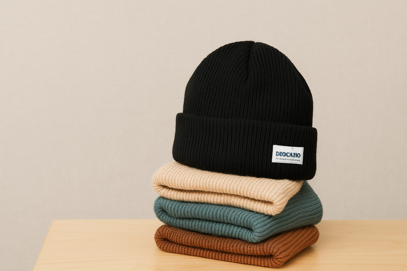 Vier vegane Beanies aus Strick in Schwarz, Beige, Petrol und Braun, ordentlich gestapelt auf hellem Holztisch, minimalistischer Hintergrund ohne Text.