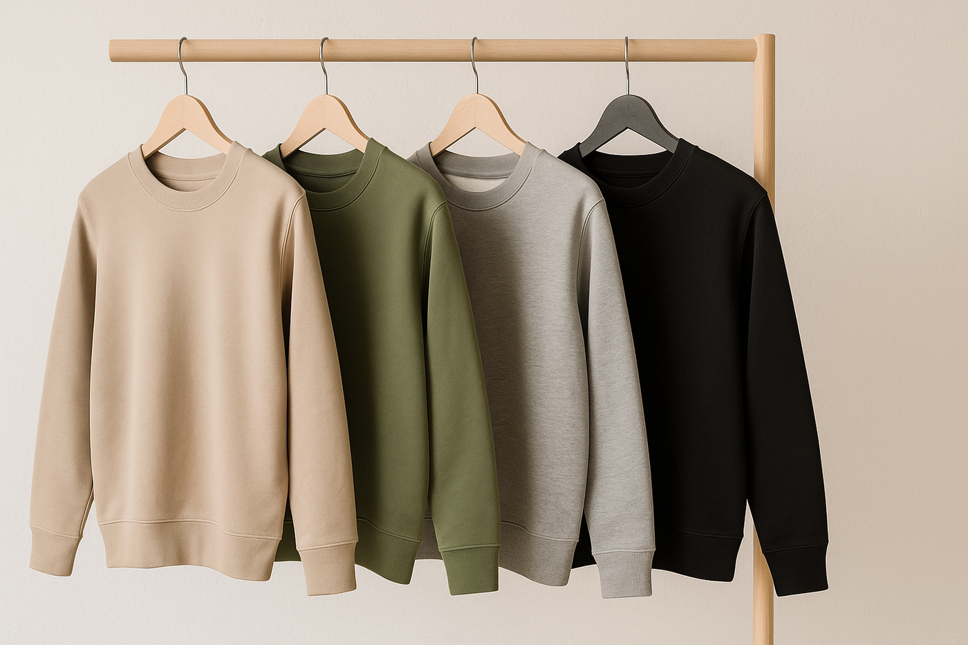 Vier vegane Pullover aus Bio-Baumwolle in Beige, Grün, Grau und Schwarz hängen auf einem Holzkleiderständer vor einer hellen Wand – minimalistisch und fair produziert.