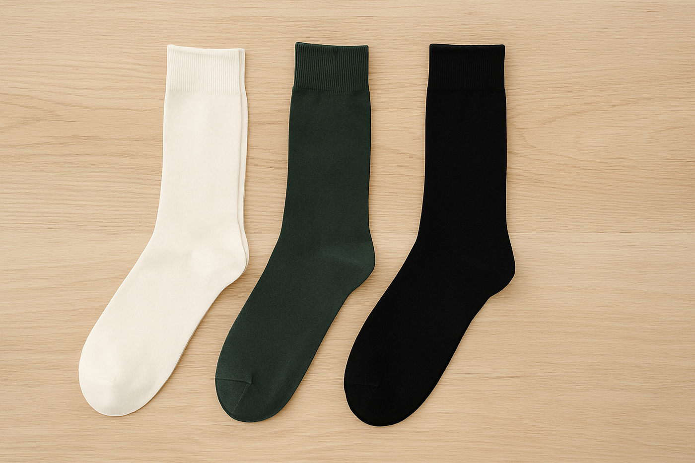 Drei Paar vegane Socken in Creme, Dunkelgrün und Schwarz liegen ordentlich nebeneinander auf einer hellen Holzoberfläche – minimalistisch, nachhaltig und neutral inszeniert.