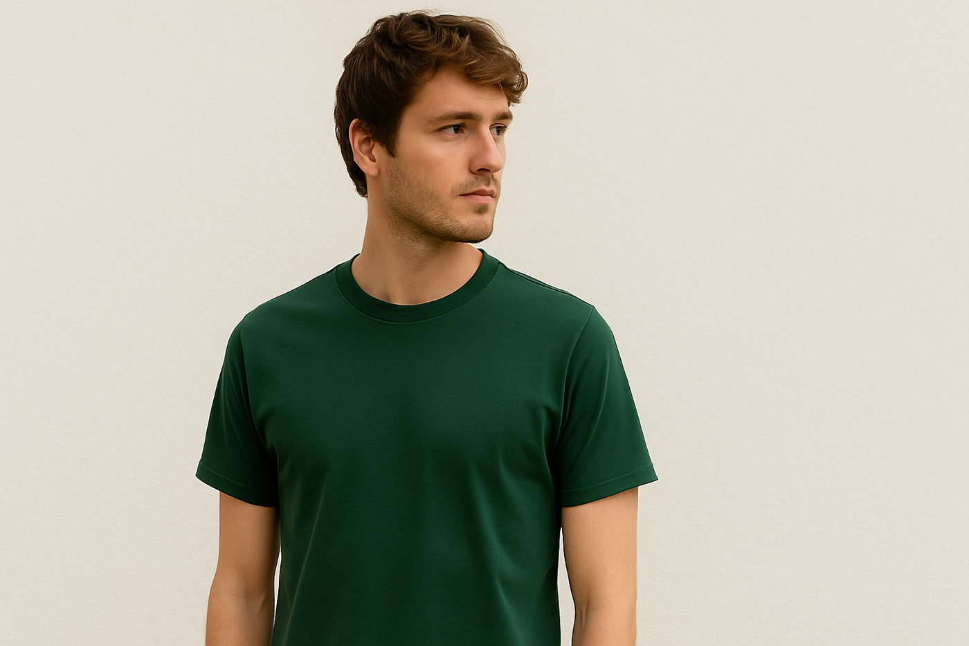 Junger Mann mit kurzen Haaren in schlichtem, dunkelgrünem T-Shirt steht vor heller Wand und blickt ruhig zur Seite – minimalistischer Look für vegane Herrenmode.