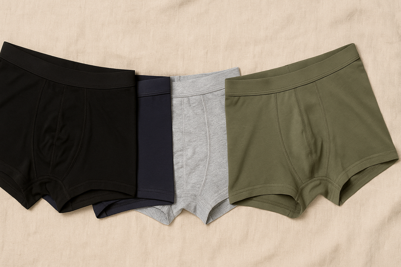 Vier vegane Herren-Boxershorts in Schwarz, Marineblau, Grau und Olivgrün auf beigem Stoffhintergrund – nachhaltig, minimalistisch und bewusst präsentiert.