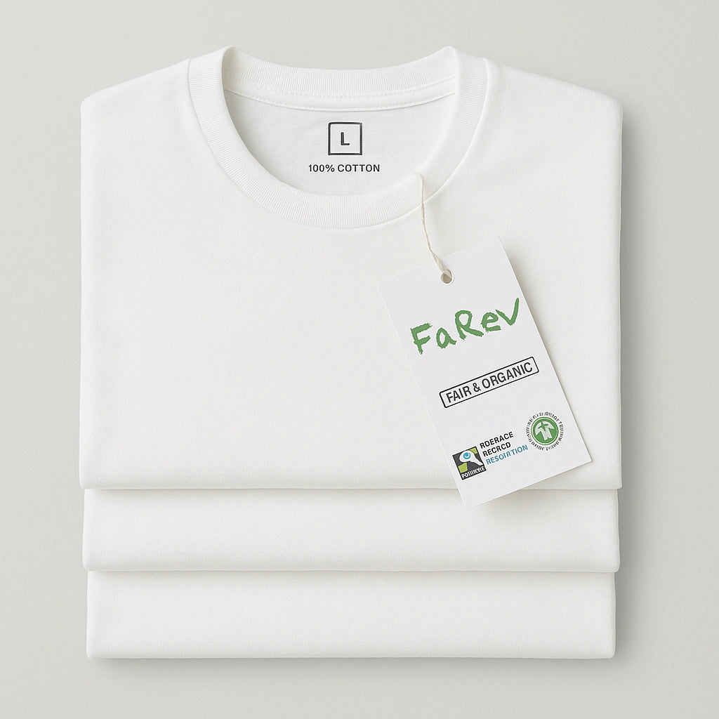 Drei übereinander gestapelte weiße Bio-Baumwoll-T-Shirts mit FaRev-Hangtag am Kragen, nachhaltig und fair produziert.